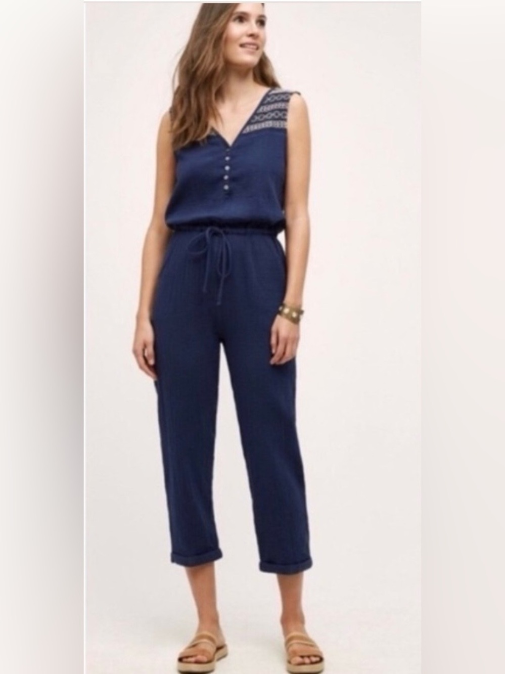 Anthropologie Lilka Blue Embroidered Sleeveless  Gauze Jumpsuit Sz S